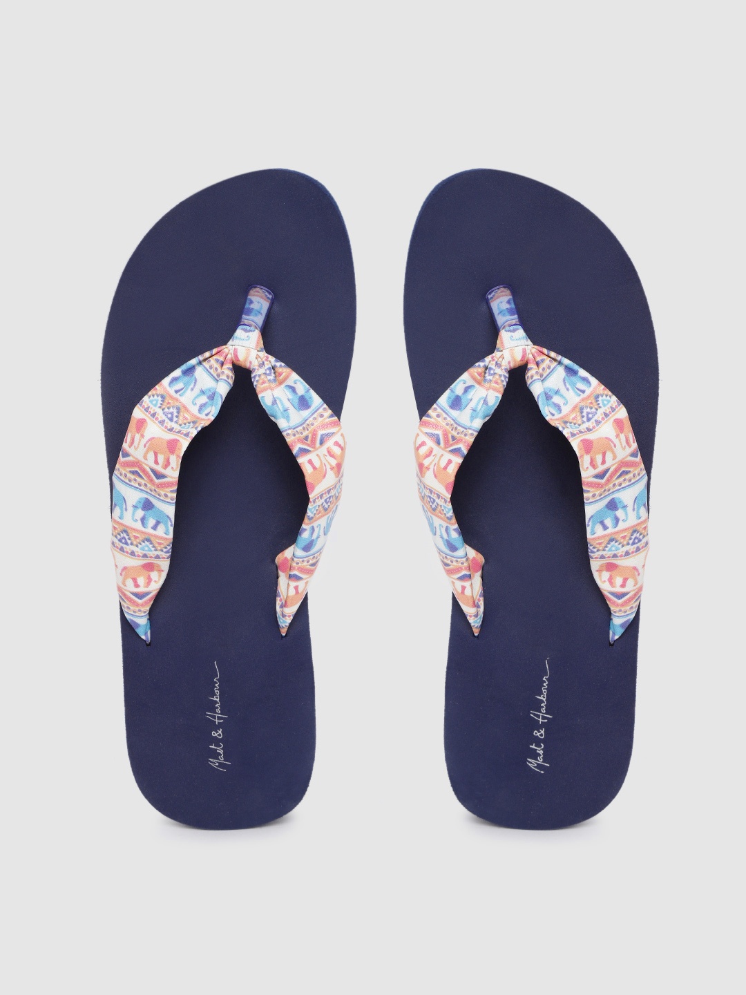 

Mast & Harbour Women Peach-Coloured & Navy Blue Ethnic Motifs Print Thong Flip-Flops