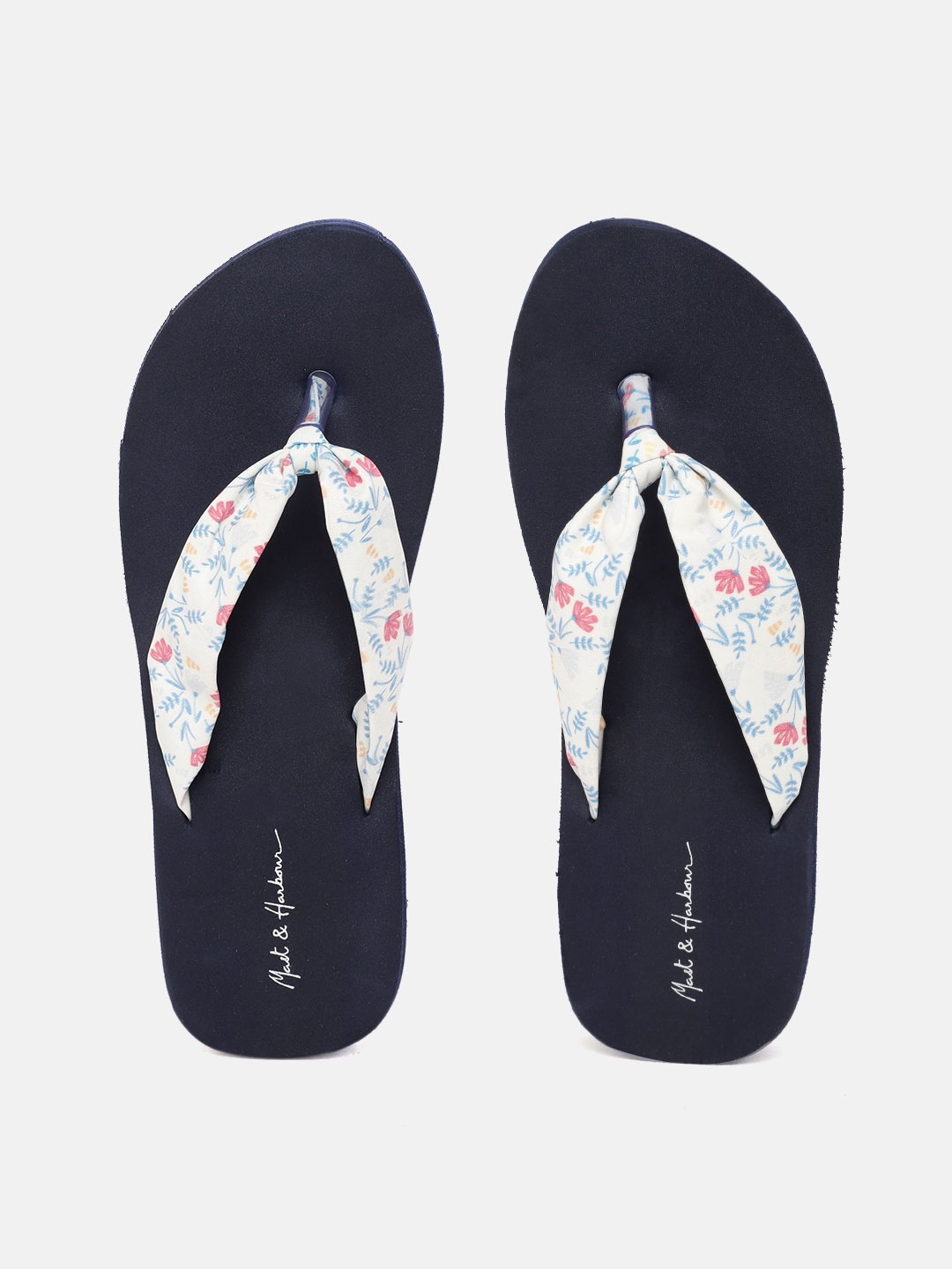 

Mast & Harbour Women White & Blue Floral Print Thong Flip-Flops
