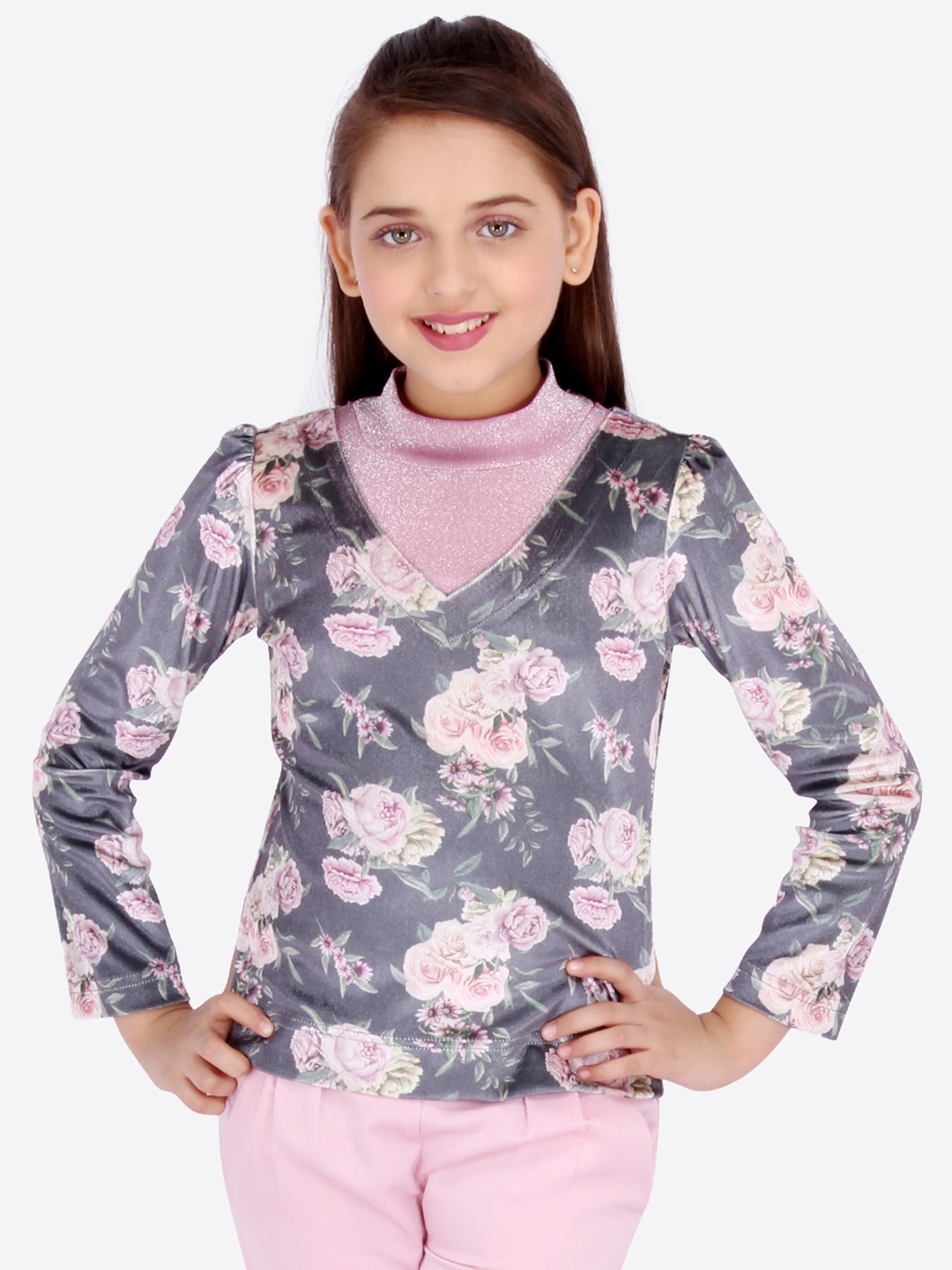 

CUTECUMBER Girls Grey Floral Printed Top