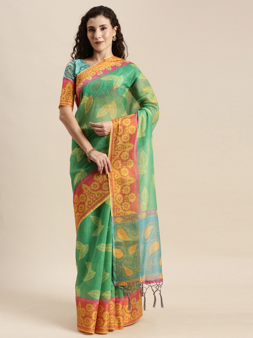 

Mitera Green & Mustard Yellow Linen Blend Printed Ikat Saree