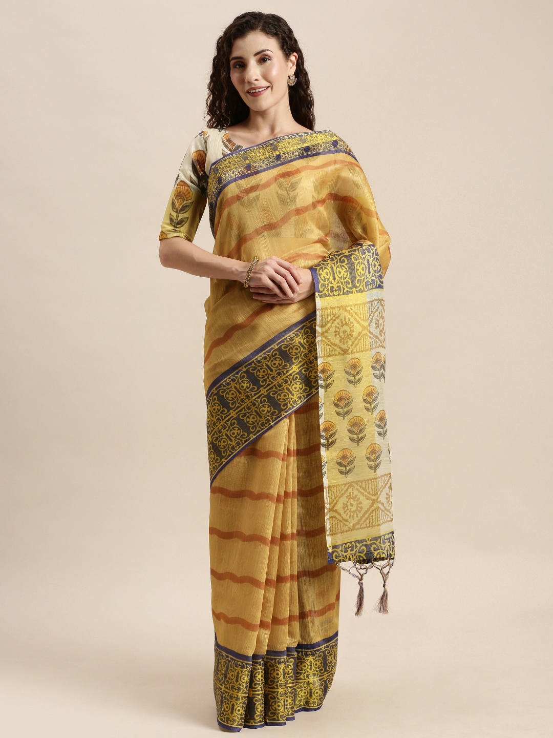 

Mitera Beige & Navy Blue Linen Blend Striped Saree