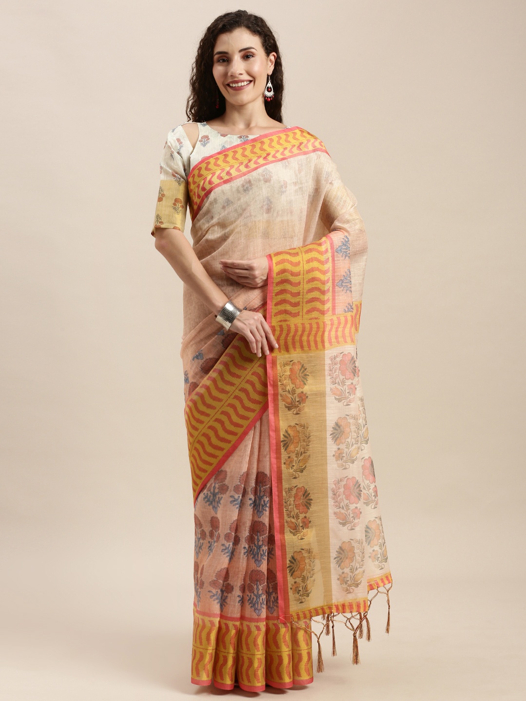 

Mitera Peach-Coloured & Yellow Linen Blend Printed Pochampally Saree