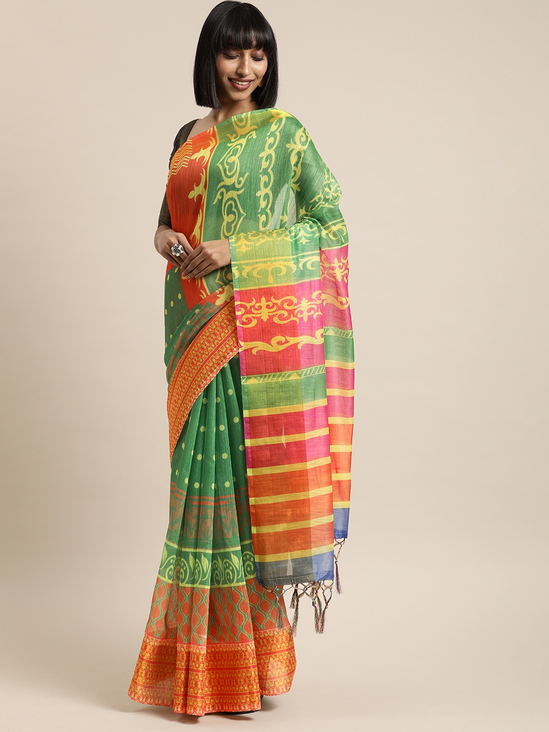 

Mitera Green & Orange Linen Blend Printed Pochampally Saree