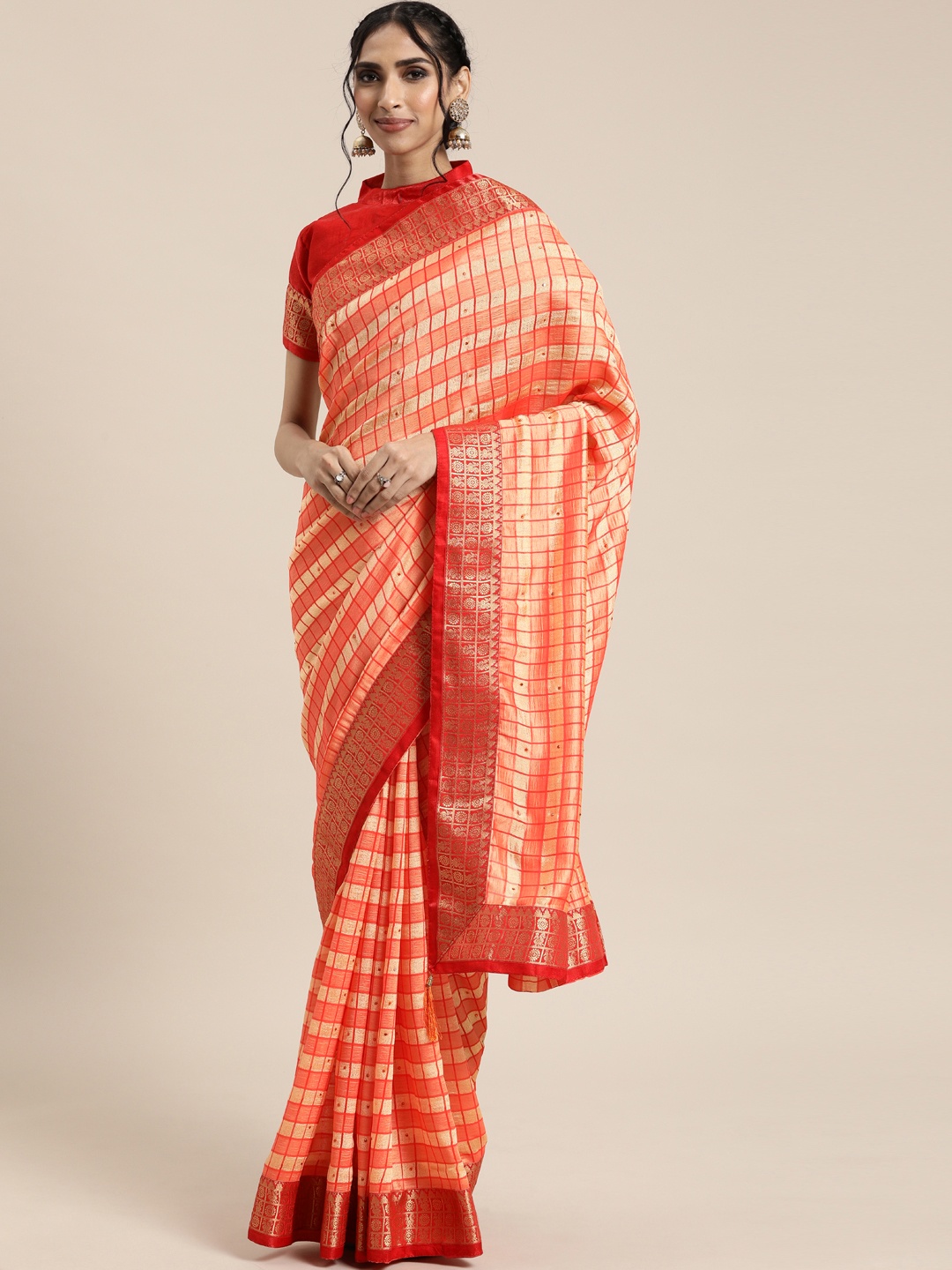 

Mitera Peach-Coloured & Beige Silk Blend Checked Kanjeevaram Saree