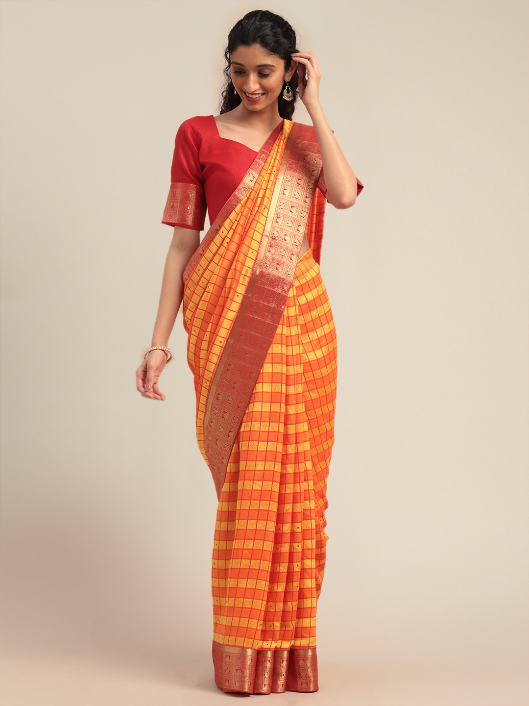 

Mitera Yellow & Orange Silk Blend Checked Kanjeevaram Saree