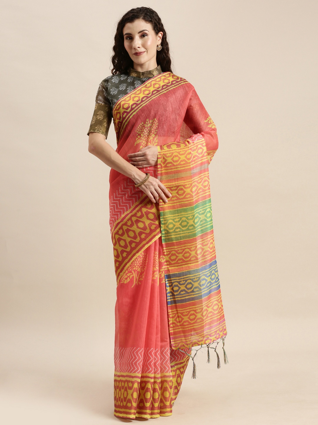 

Mitera Pink & Mustard Yellow Linen Blend Printed Pochampally Saree