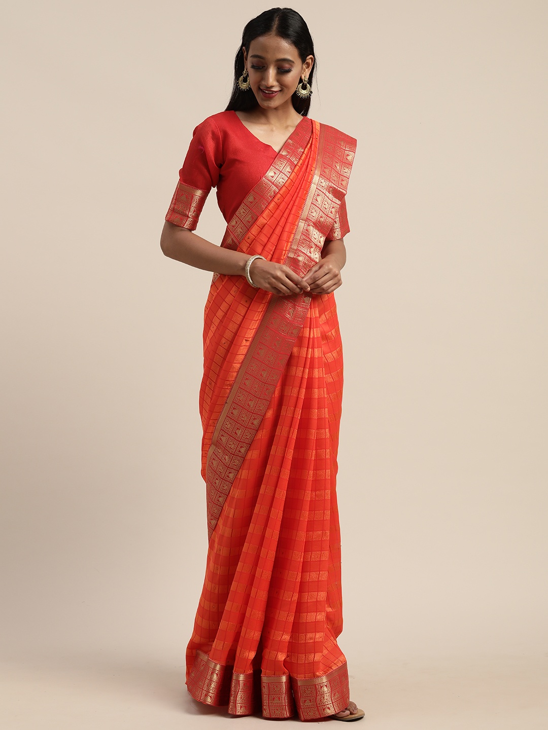 

Mitera Orange & Red Silk Blend Checked Kanjeevaram Saree