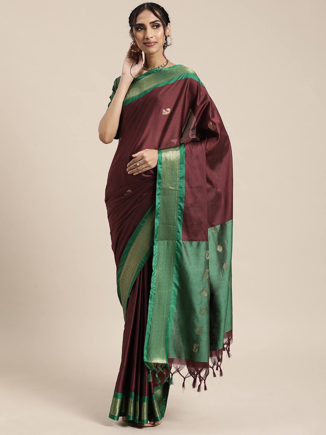 

KALINI Burgundy Silk Cotton Woven Design Paithani Saree