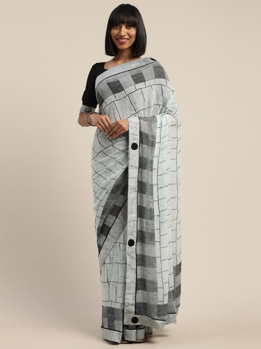 

Mitera Blue & Black Cotton Blend Printed Dharmavaram Saree