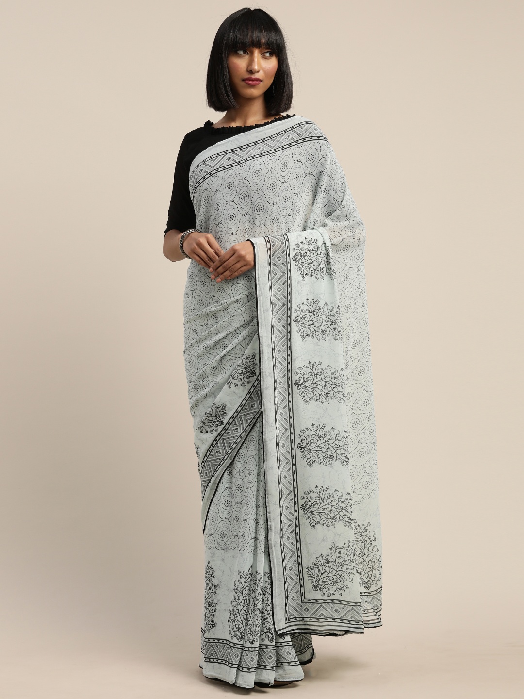

Mitera Blue & Black Cotton Blend Printed Dharmavaram Saree