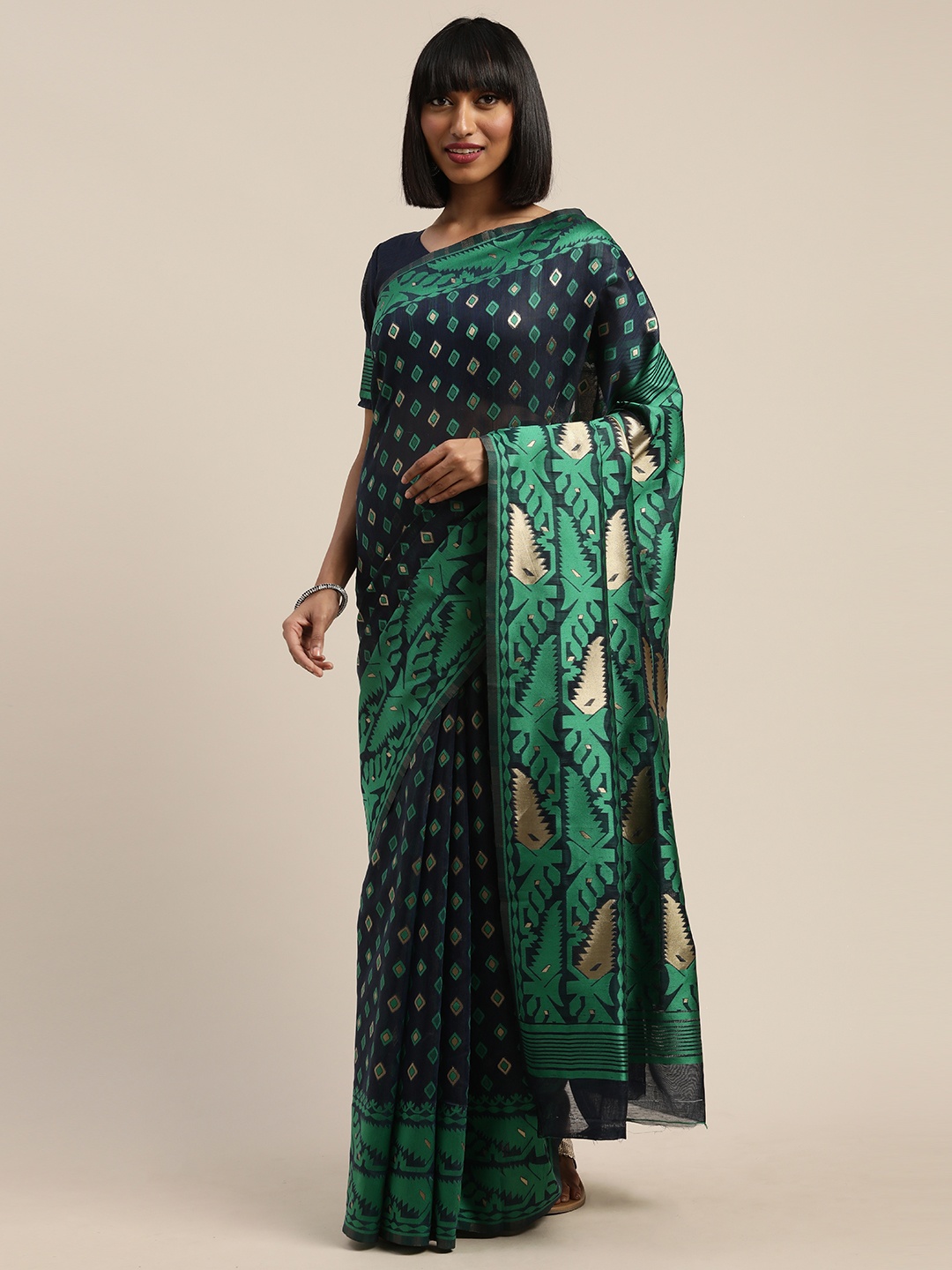 

Mitera Green & Black Cotton Blend Woven Design Jamdani Saree