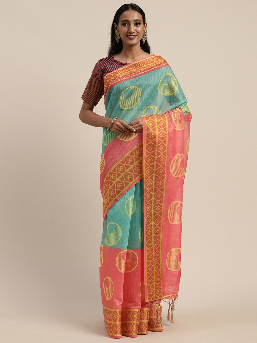 

Mitera Blue Linen Blend Printed Pochampally Saree