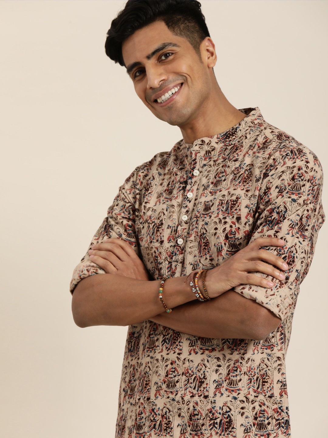 

Taavi Men Khaki & Maroon Kalamkari Block Printed Straight Kurta with Patch Pocket