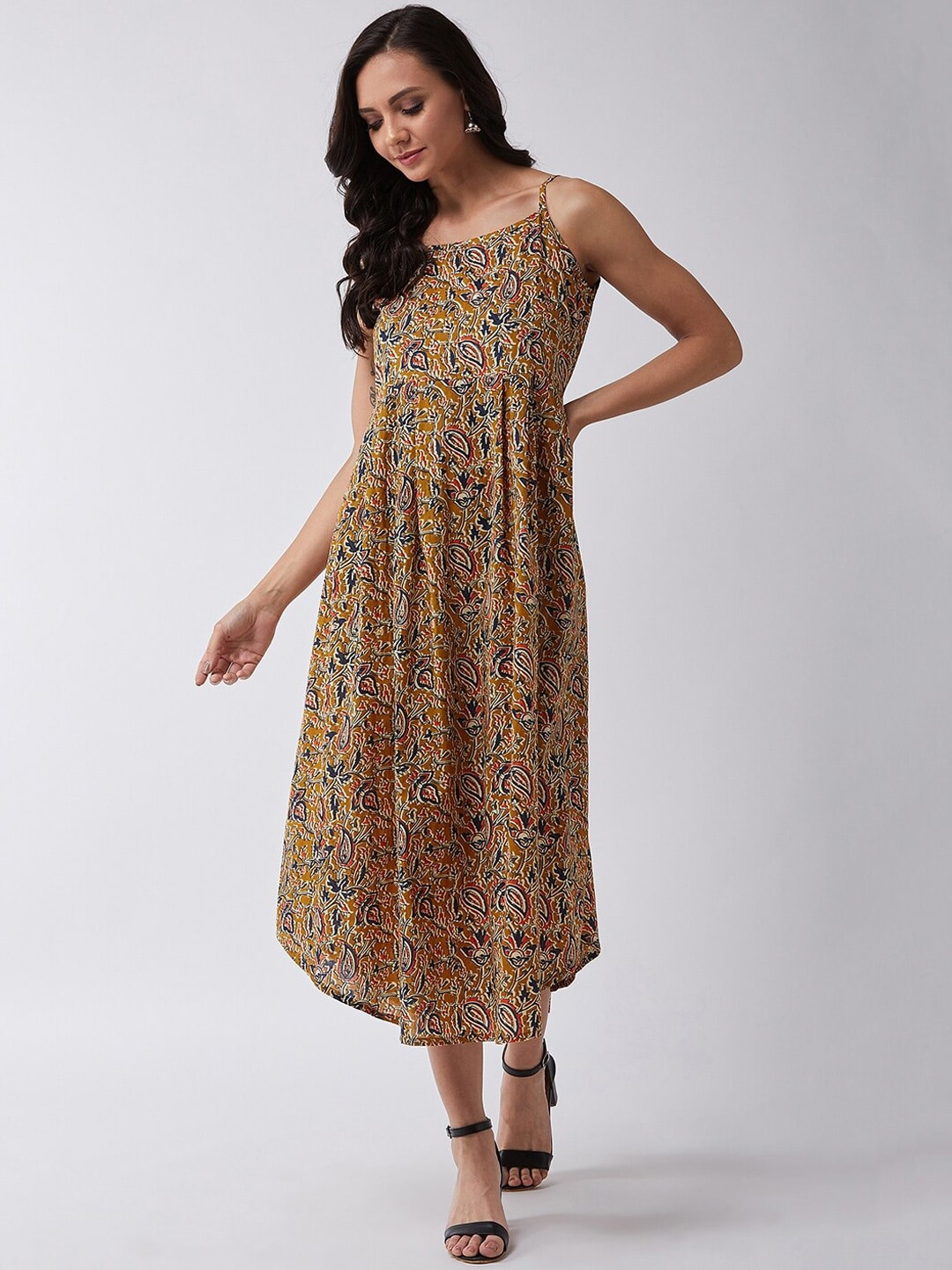 

InWeave Women Mustard Yellow & Navy Blue Kalamkari Print A-Line Dress