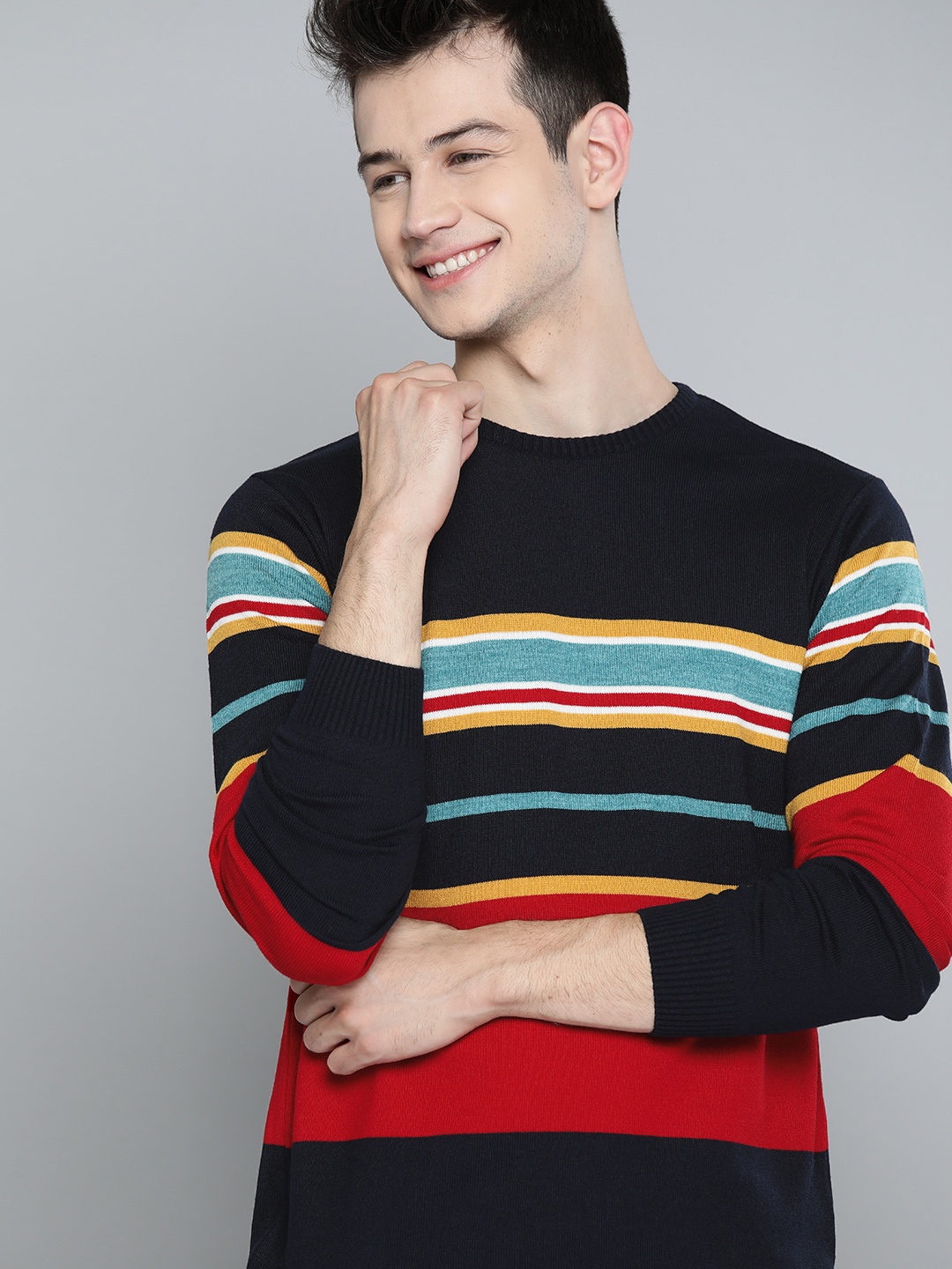

Mast & Harbour Men Navy Blue & Red Striped Pullover