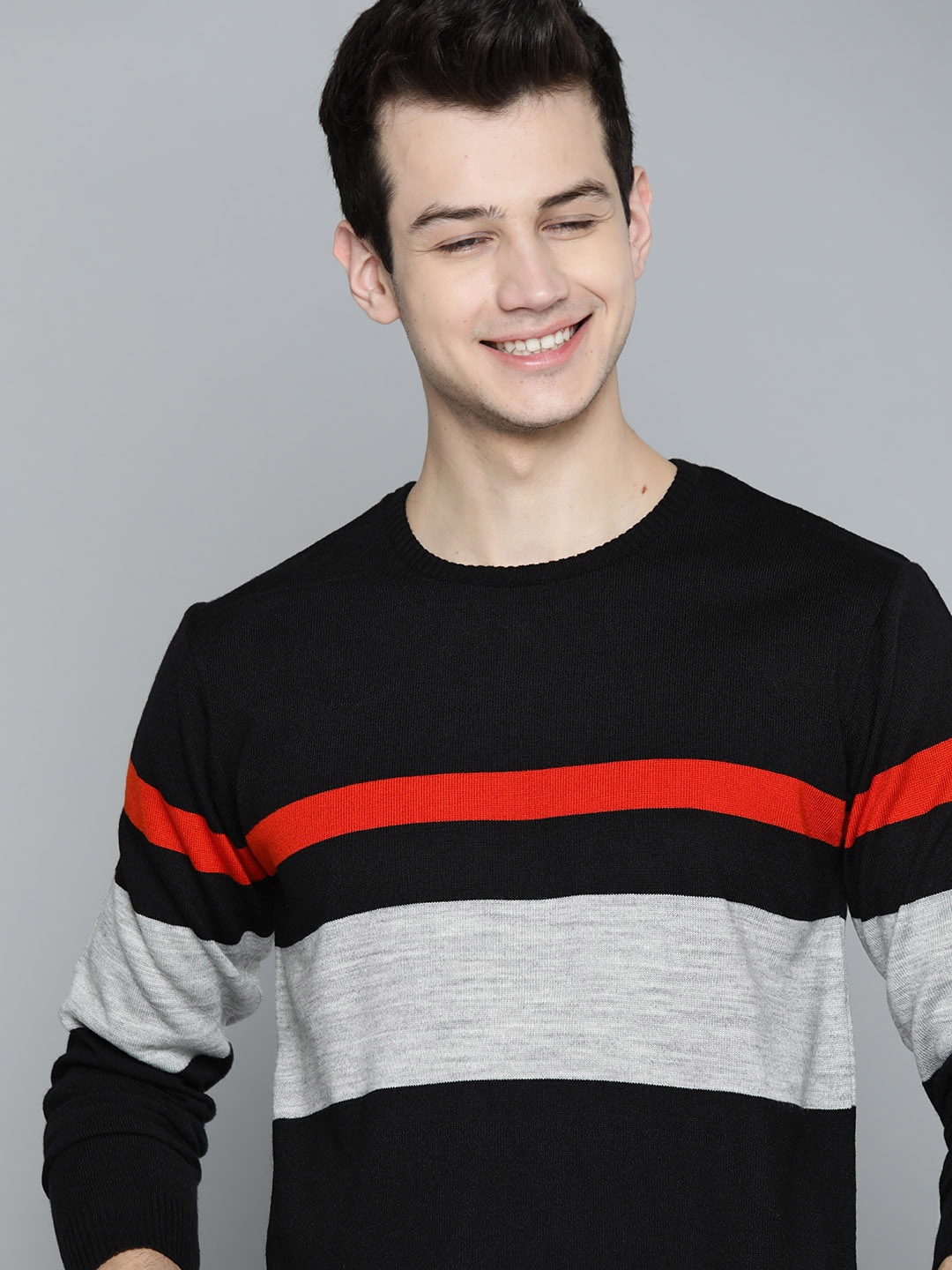 

Mast & Harbour Men Black & Grey Melange Striped Pullover Acrylic Sweater