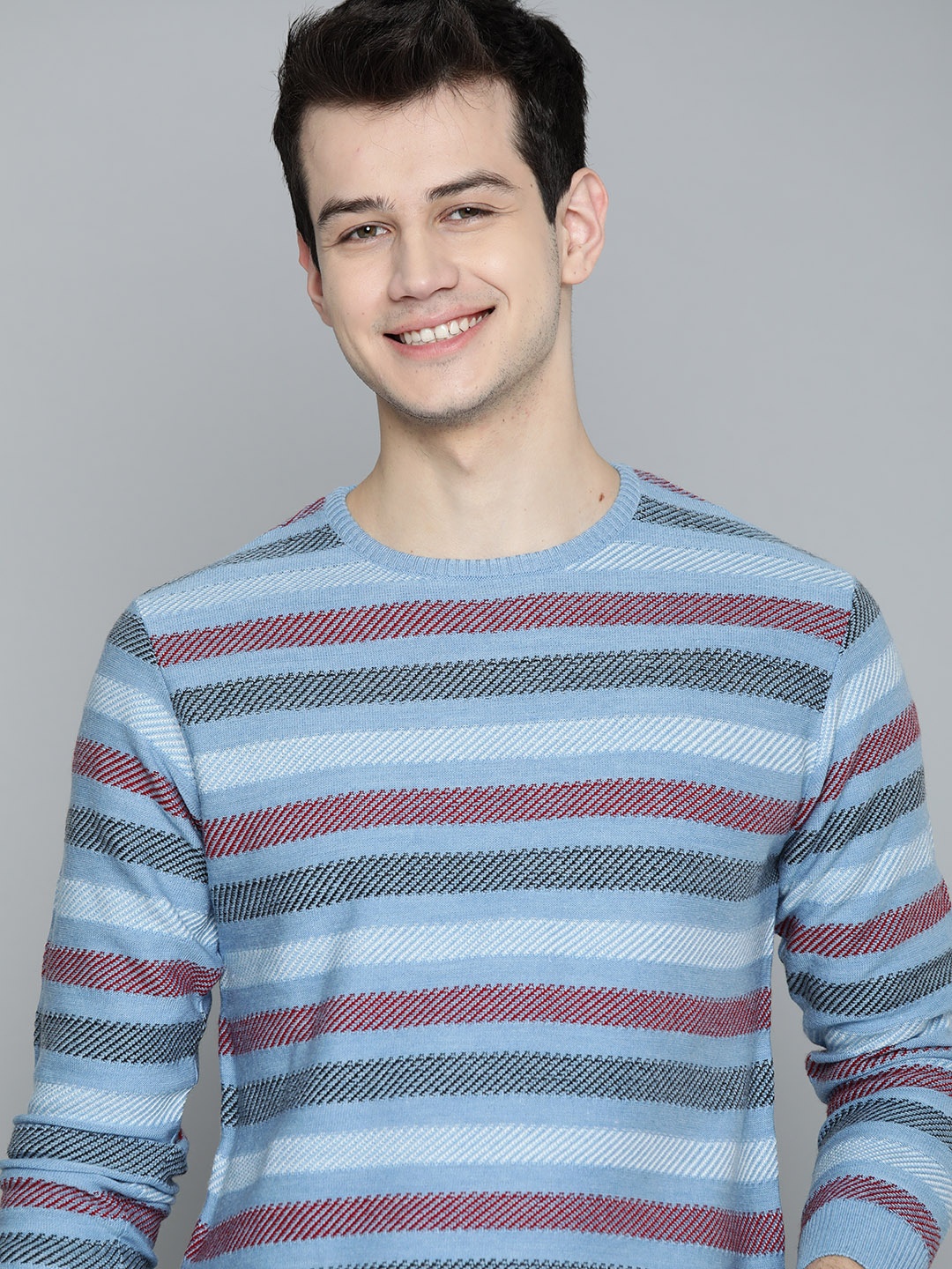 

Mast & Harbour Men Blue & Red Multi Striped Pullover Acrylic Sweater