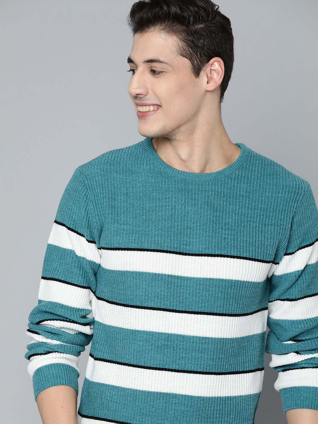 

Mast & Harbour Men Green & White Striped Pullover Sweater