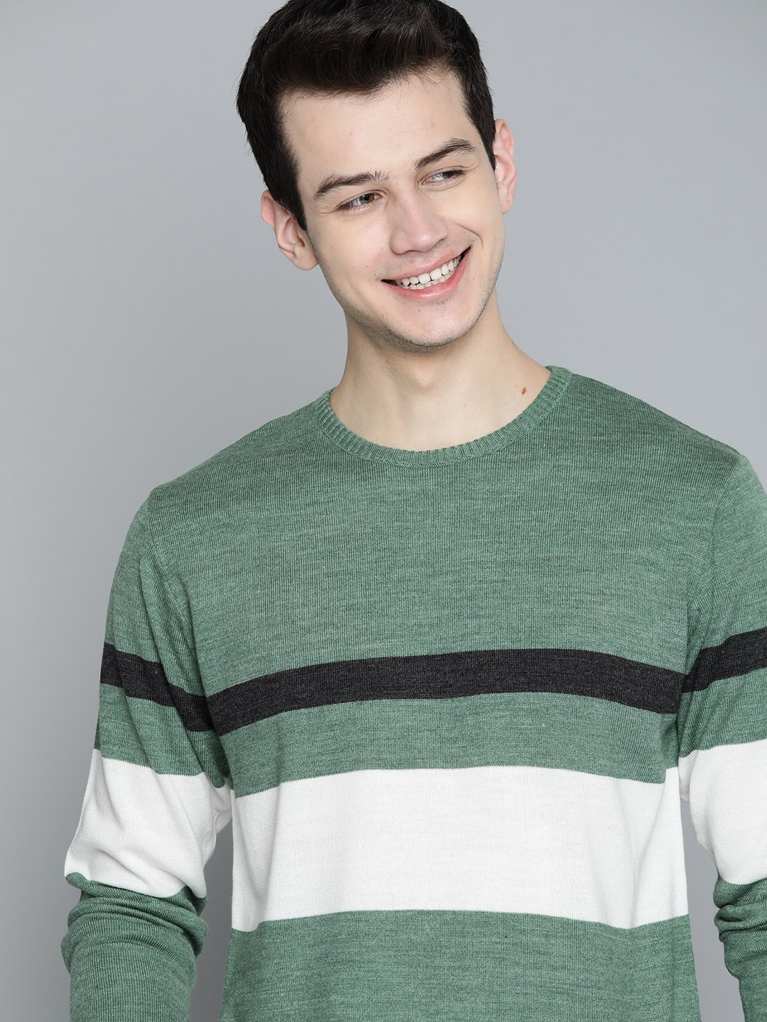 

Mast & Harbour Men Green & White Striped Pullover Sweater