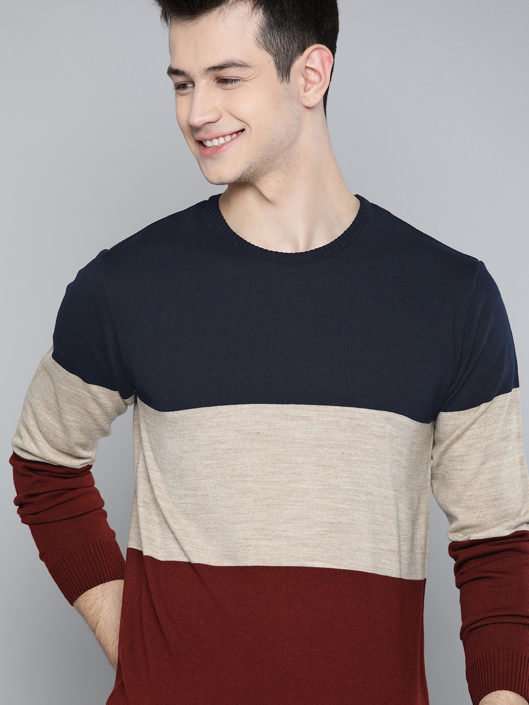 

Mast & Harbour Men Navy Blue & Burgundy Colourblocked Pullover