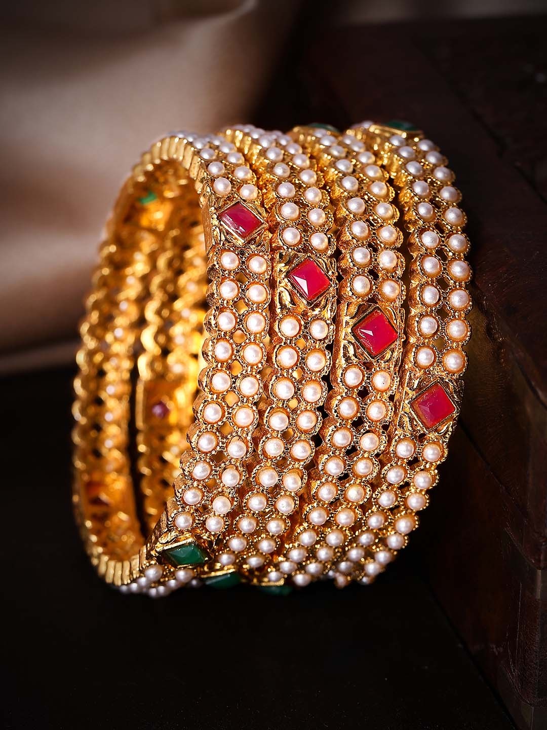 

Rubans Set Of Four 22K Gold-Plated White & Pink Stone-Studded Pearl Embellished Handcrafted Bangles