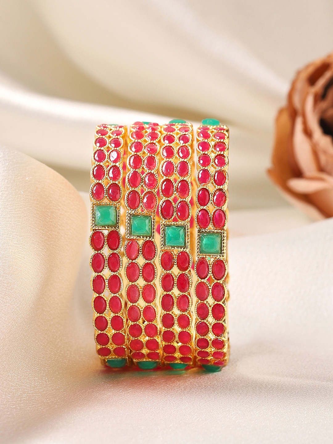 

Rubans Set of 4 22K Gold-Plated Ruby and Emerald Gemstones Studded Bangles