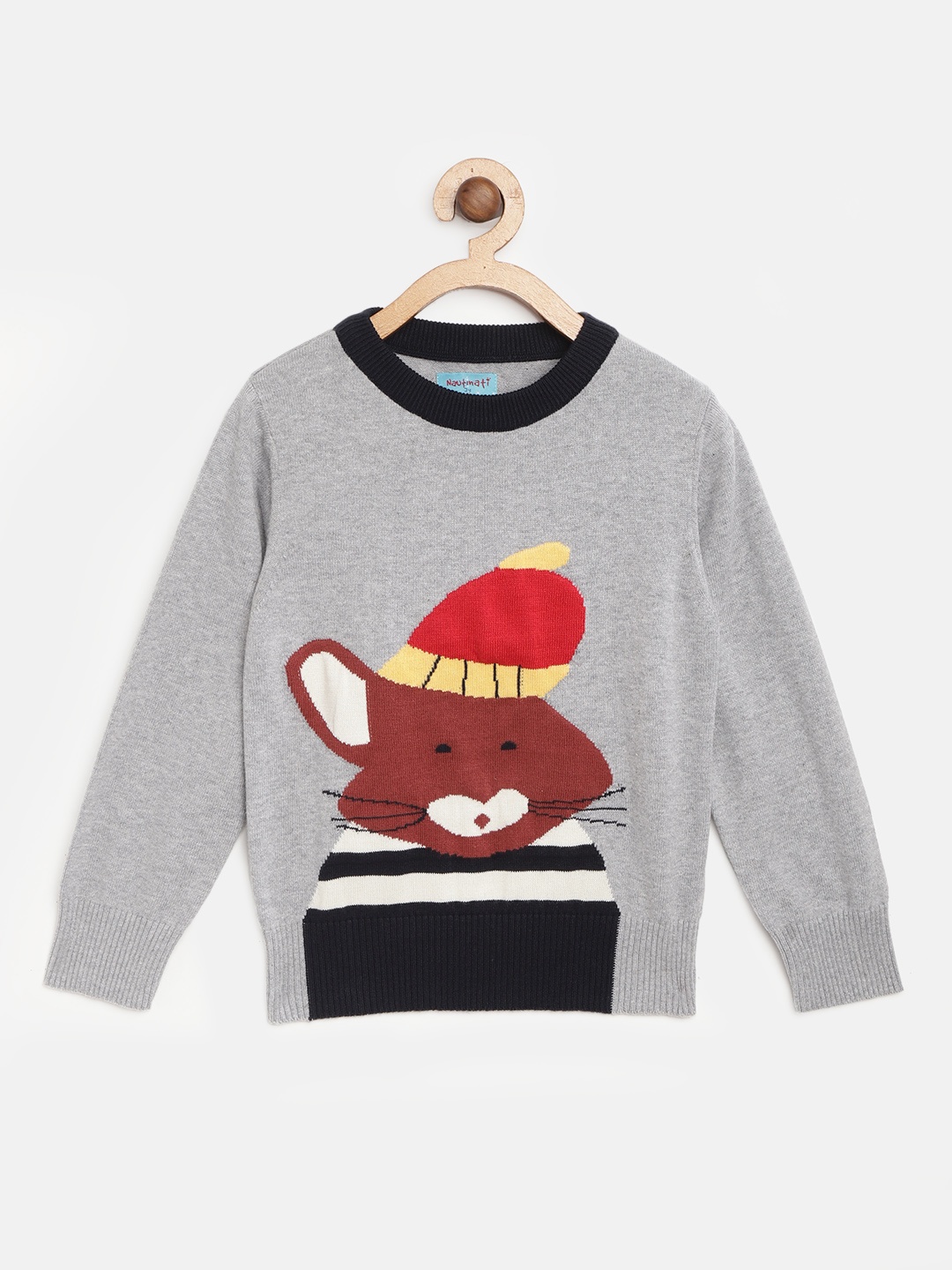 

Nauti Nati Boys Grey Melange & Brown Quirky Patterned Pullover Sweater