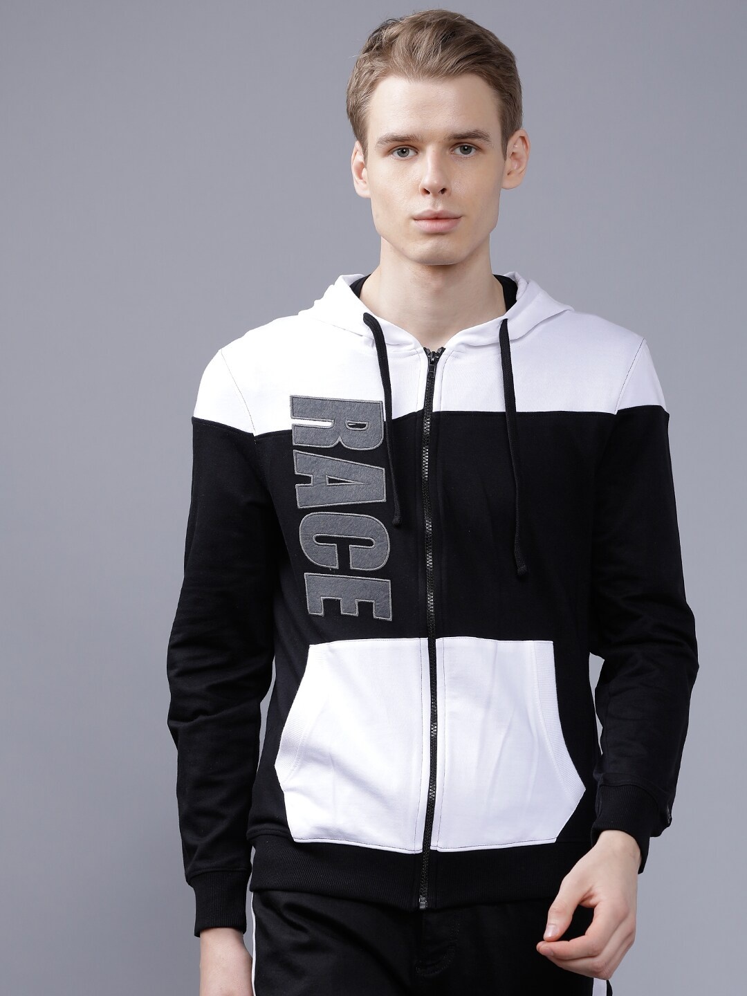 

The Indian Garage Co Men Black & White Colourblocked Hooded Sweatshirt