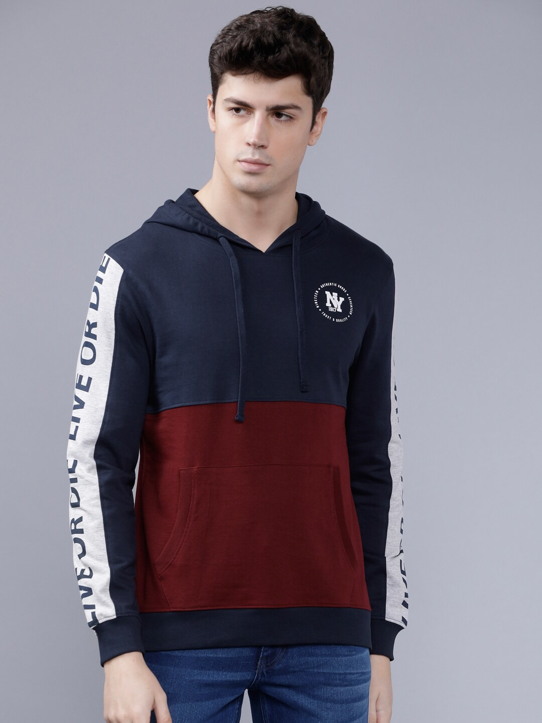 

The Indian Garage Co Men Burgundy & Navy Blue Colourblocked Hooded Sweatshirt