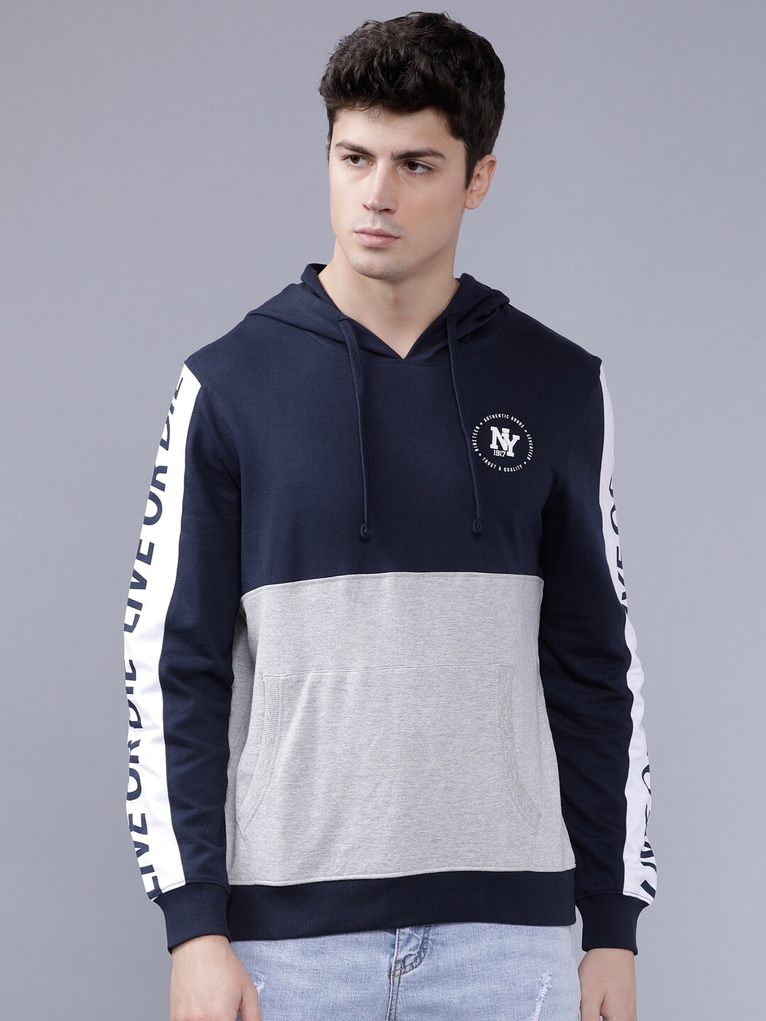 

The Indian Garage Co Men Navy Blue & Grey Self Design Hooded Sweatshirt