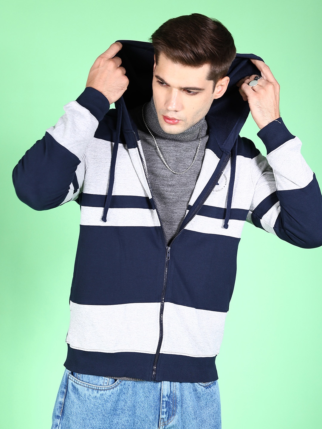 

The Indian Garage Co Men Navy Blue & Grey Melange Striped Hooded Sweatshirt