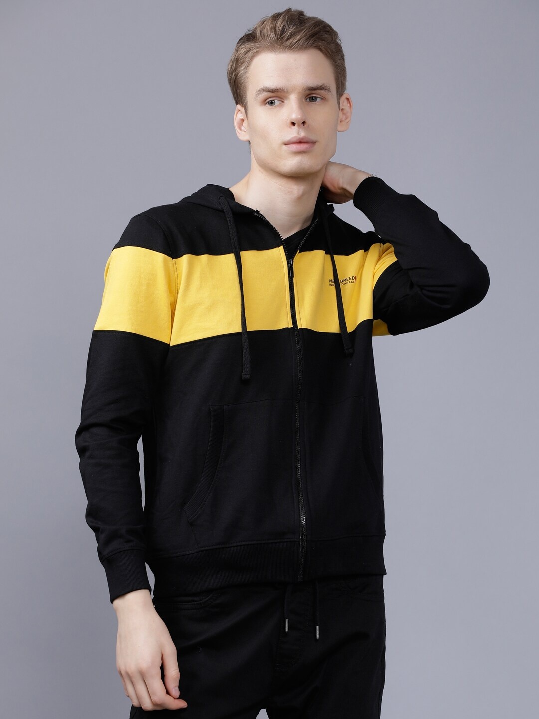 

The Indian Garage Co Men Black & Yellow Colourblocked Hooded Sweatshirt