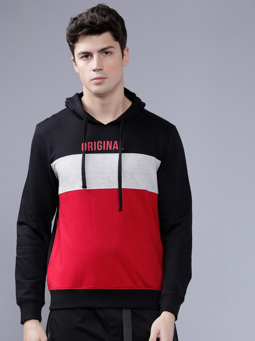 

The Indian Garage Co Men Black & Red Colourblocked Hooded Sweatshirt