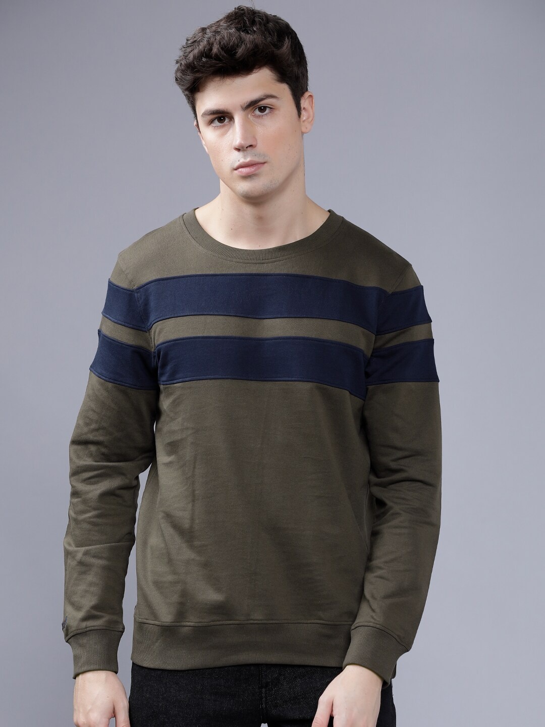 

The Indian Garage Co Men Olive Green & Navy Blue Striped Sweatshirt