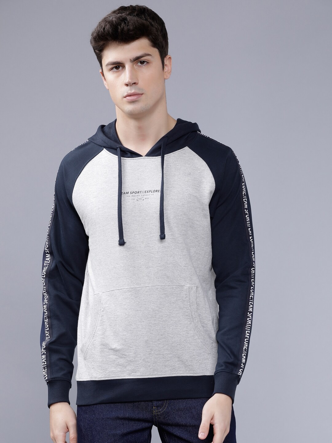 

The Indian Garage Co Men Grey Melange & Navy Blue Printed Hooded Sweatshirt