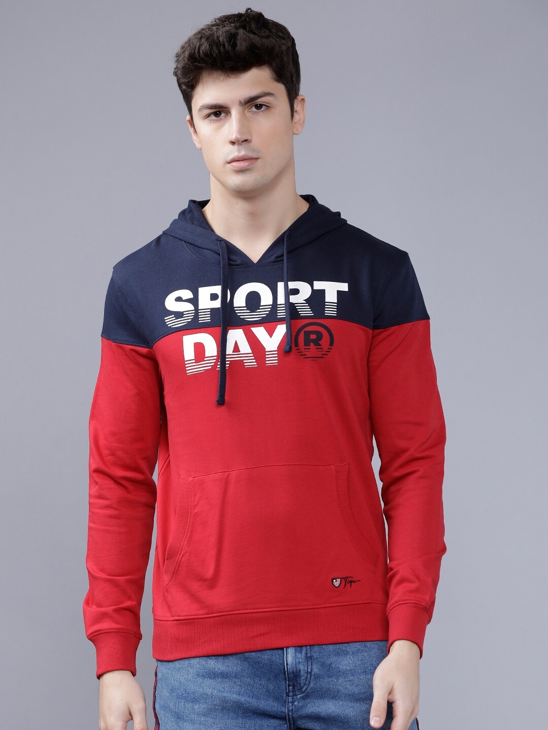 

The Indian Garage Co Men Red & Blue Printed Hooded Sweatshirt