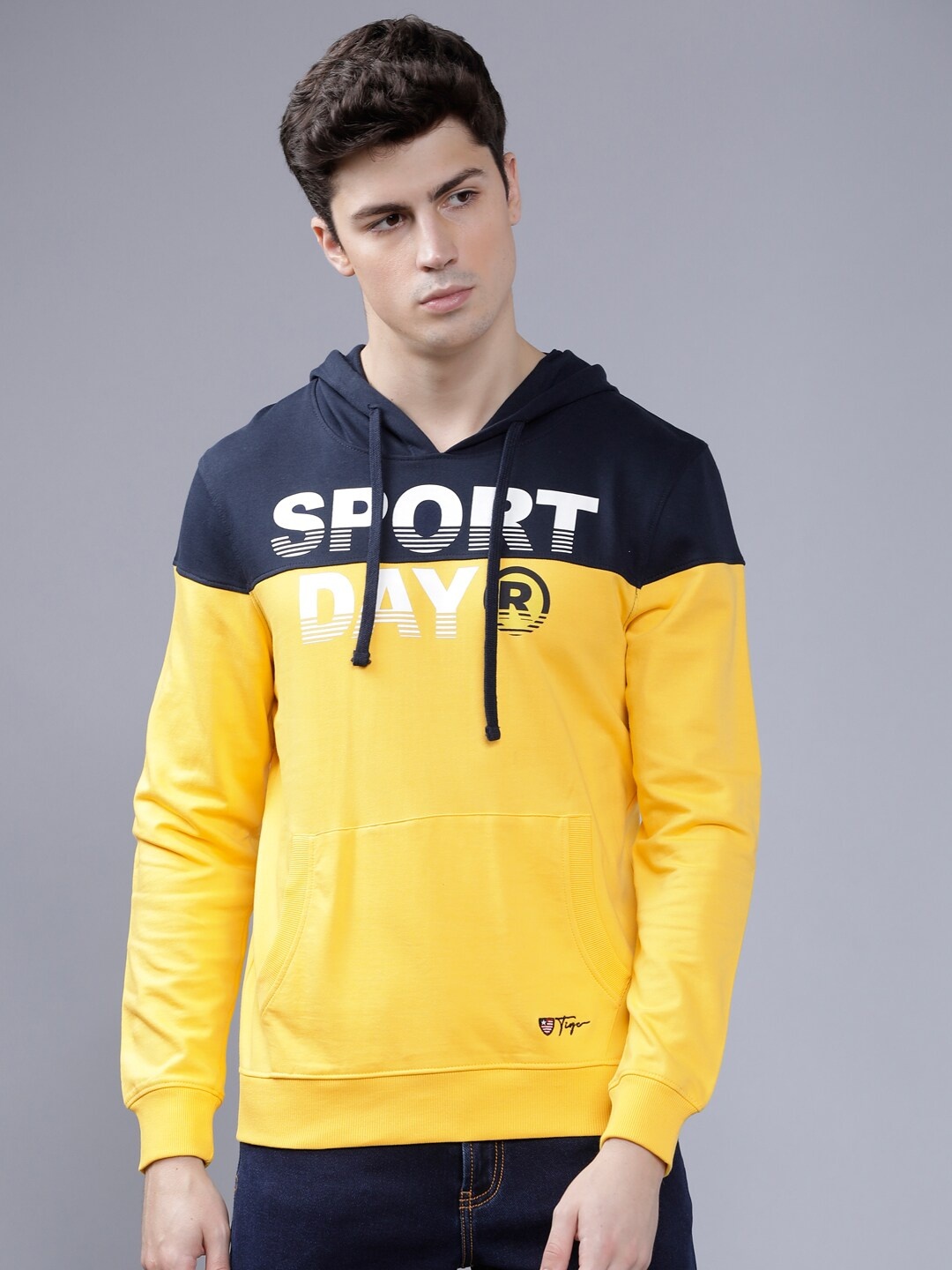 

The Indian Garage Co Men Yellow & Navy Blue Colourblocked Hooded Sweatshirt