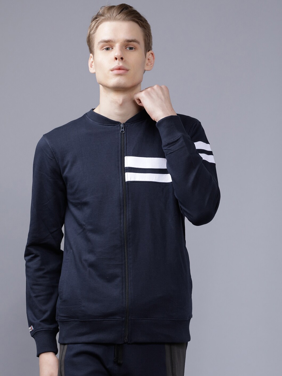 

The Indian Garage Co Men Navy Blue & White Striped Sweatshirt