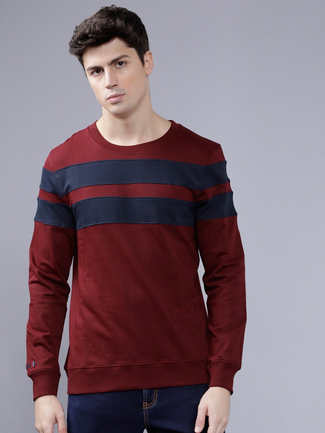 

The Indian Garage Co Men Maroon & Blue Striped Hooded Sweatshirt