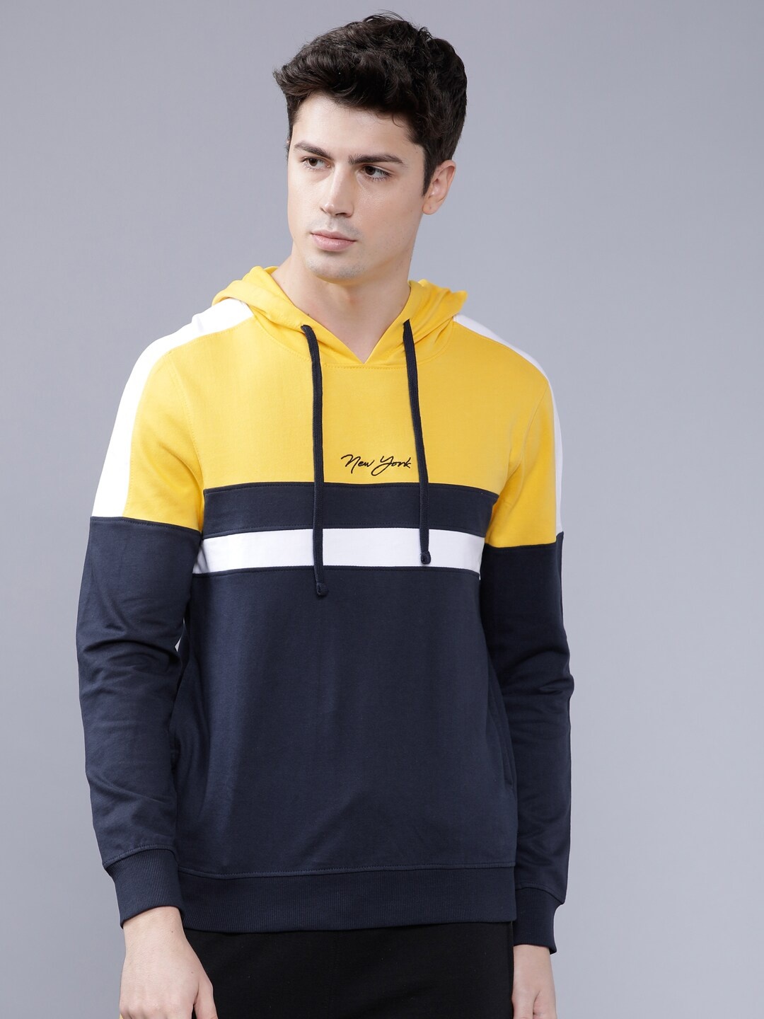 

The Indian Garage Co Men Navy Blue & Yellow Colourblocked Hooded Sweatshirt