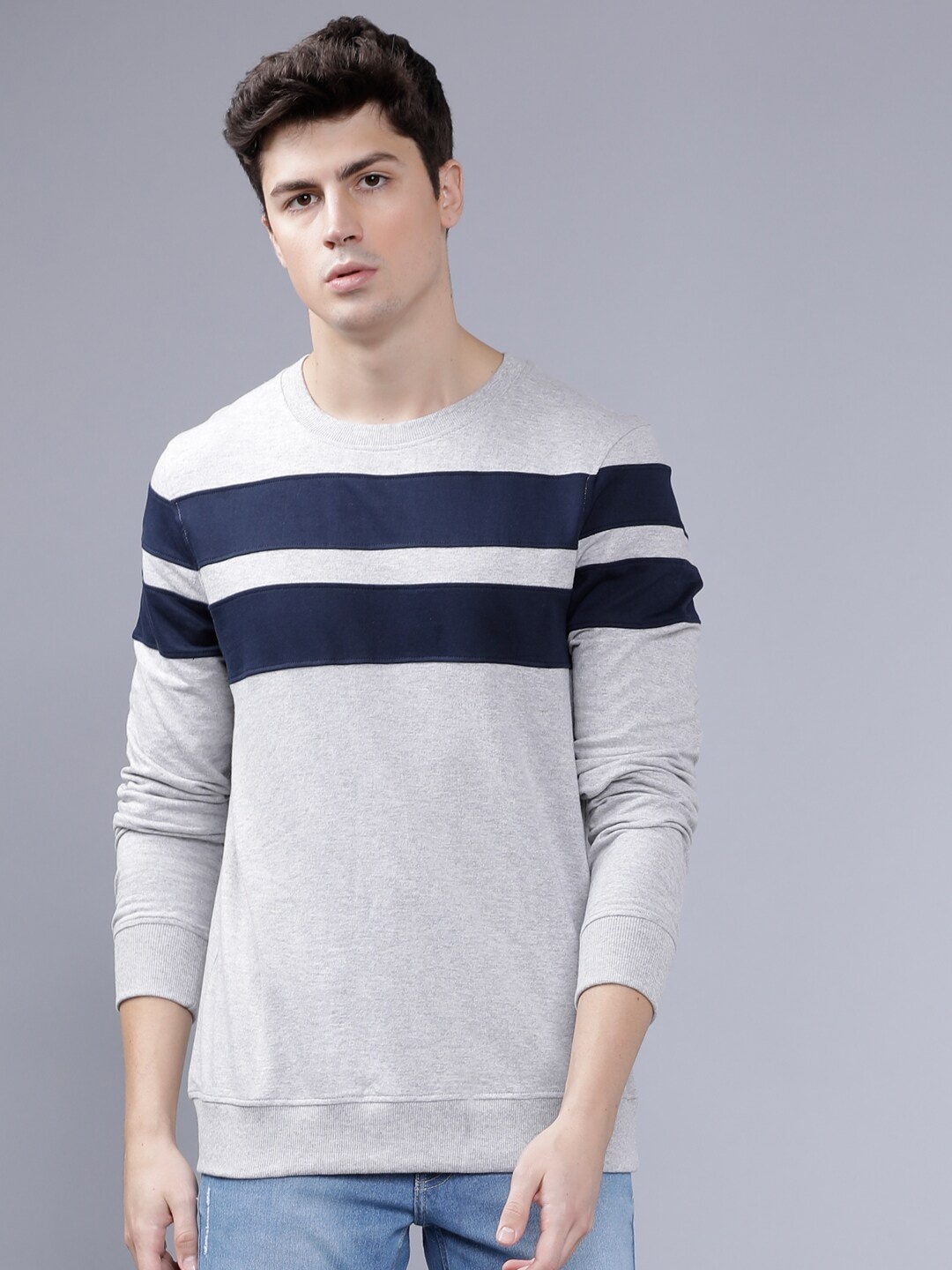 

The Indian Garage Co Men Grey Melange & Navy Blue Striped Sweatshirt