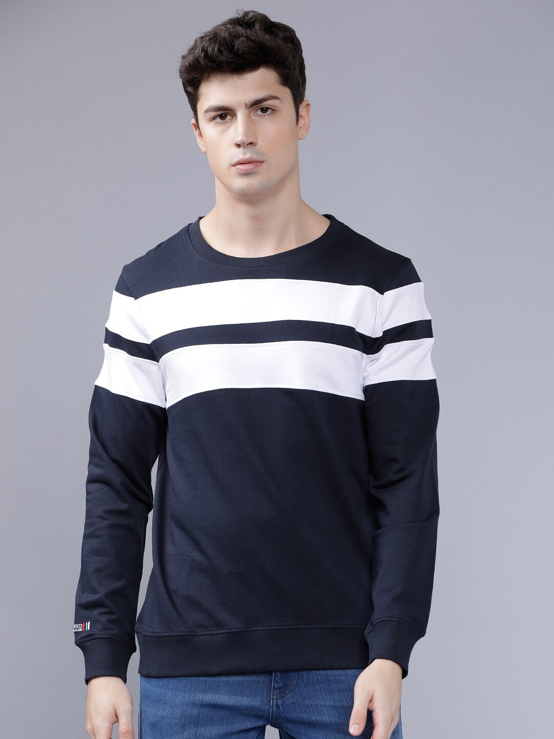 

The Indian Garage Co Men Navy Blue & White Striped Sweatshirt
