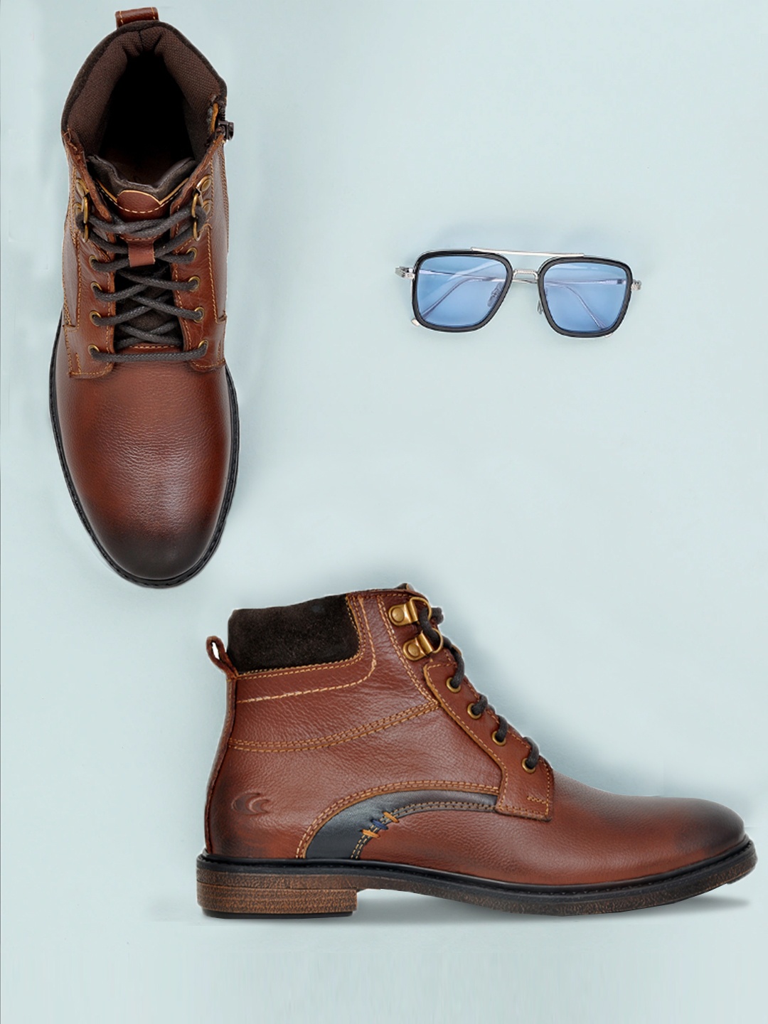 

Allen Cooper Men Brown Solid Leather Mid-Top Flat Boots
