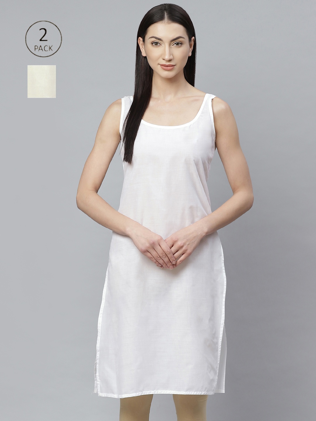 

ADA Women White and Cream Pack of 2 Solid Handloom Slips