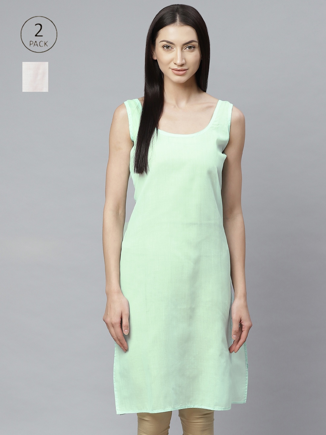 

ADA Women White and Sea Green Pack of 2 Solid Handloom Slips