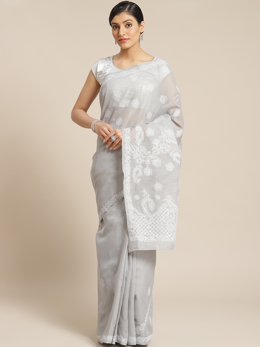 

ADA Grey & White Chikankari Embroidered Sustainable Saree