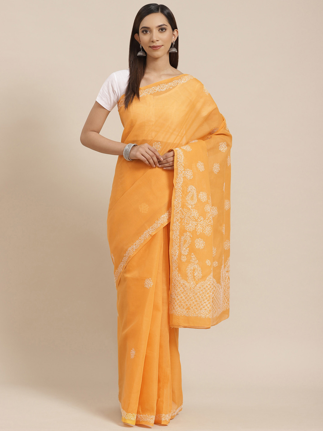 

ADA Mustard Yellow & White Pure Cotton Chikanakri Hand Embroidered Sustainable Handloom Saree