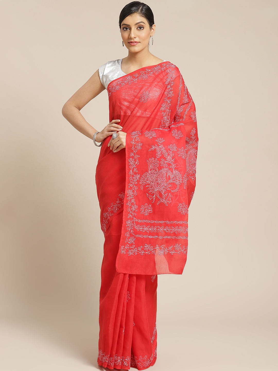 

ADA Red & White Pure Cotton Embroidered Sustainable Handloom Saree