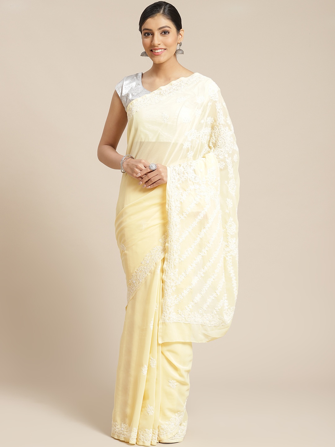

ADA Cream-Coloured & White Chikankari Embroidered Sustainable Handloom Saree