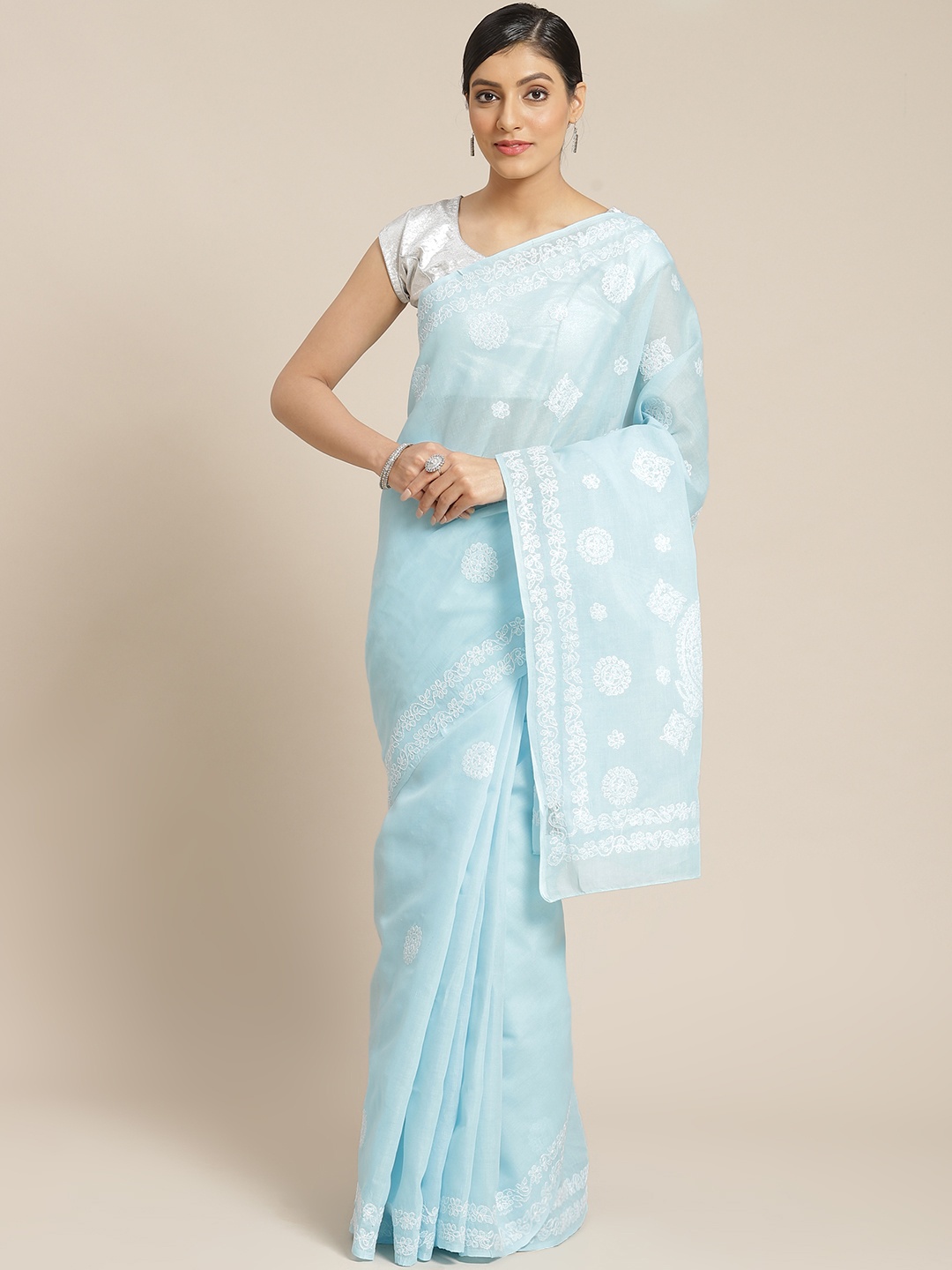 

ADA Blue & White Pure Cotton Embroidered Sustainable Saree